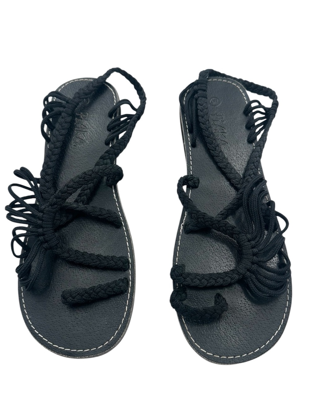 Plaka Palm Leaf Black Strappy Flat Sandals Women's Size 10